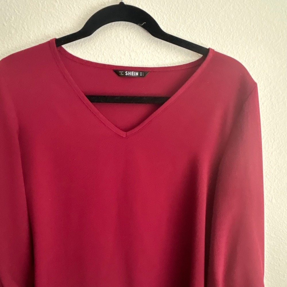 Shein Blouse V-Neck 3/4 Sleeve Tie-Cuff Burgundy Top Size S - Picture 4 of 7